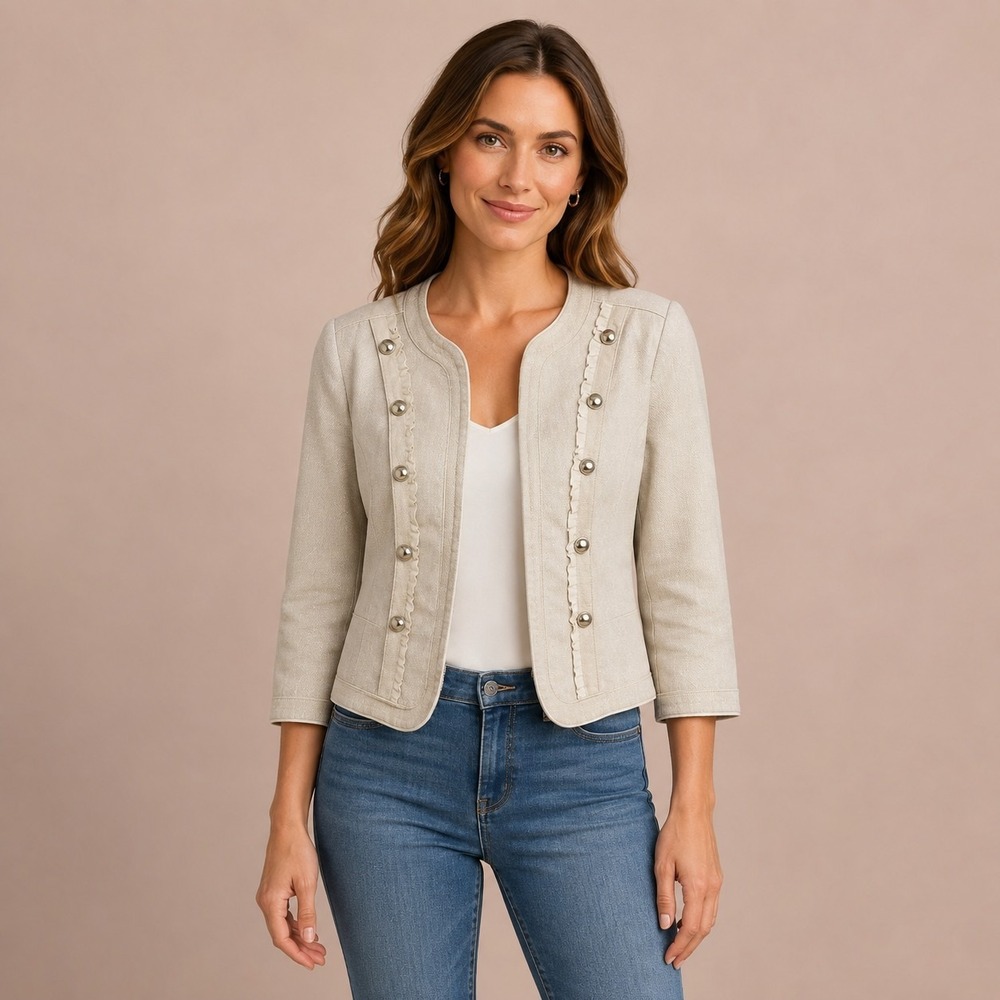 WHBM Ruffle Trim Tan Military Blazer Women's 6 Small Steampunk Coquette Capsule